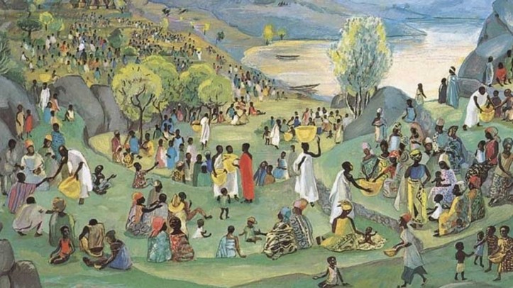 People stand in small groups overlooking a lake as the disciples pass out bread from large baskets carried on their heads. The figures are Black.