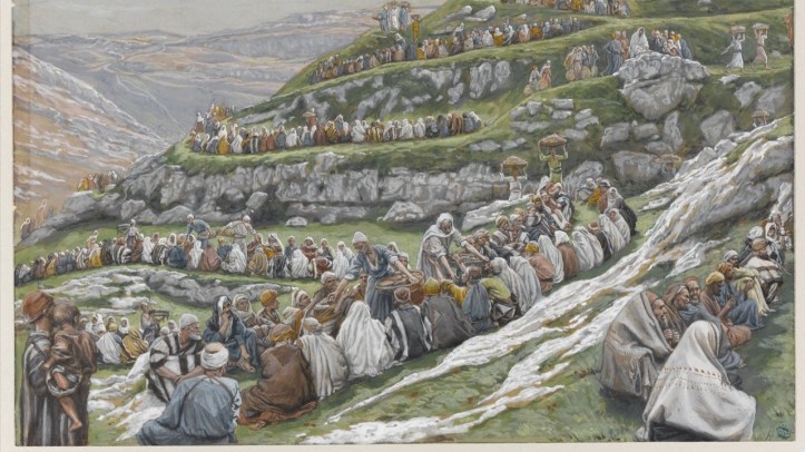 a water color painting of thousands of people sitting in a line, terraced over a hills