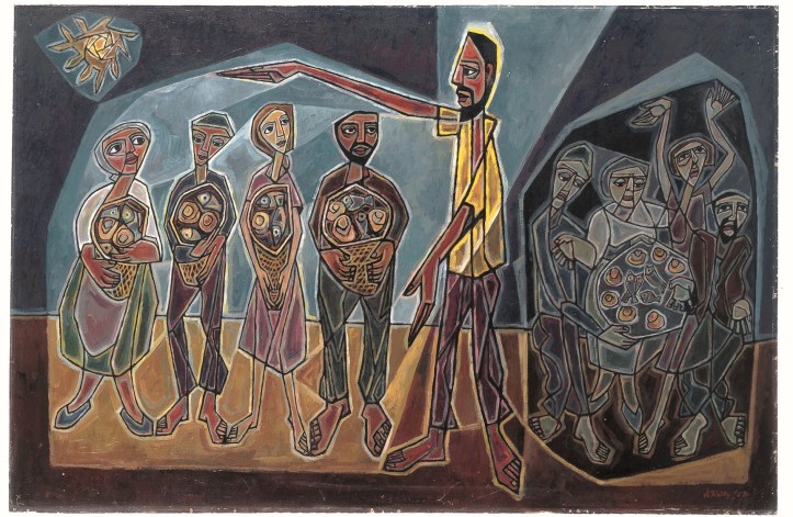 copyright Trustees for Methodist Church Purposes; shows a brown-skinned Jesus holding his arms over four people--two women and two men--carrying baskets of bread. Behind him are other figures sharing a large basket.