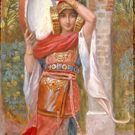 a watercolor painting of a teenage girl dressed beautifull, carrying a timbrel on her shoulder