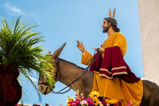 A statue of Jesus on a donkey, being pulled in a procession, in Spain